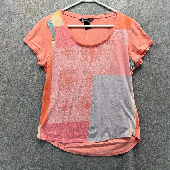 Desigual Shirt Womens Large Multicolor Coral Patchwork Graphic Short Sleeve - Picture 1 of 10